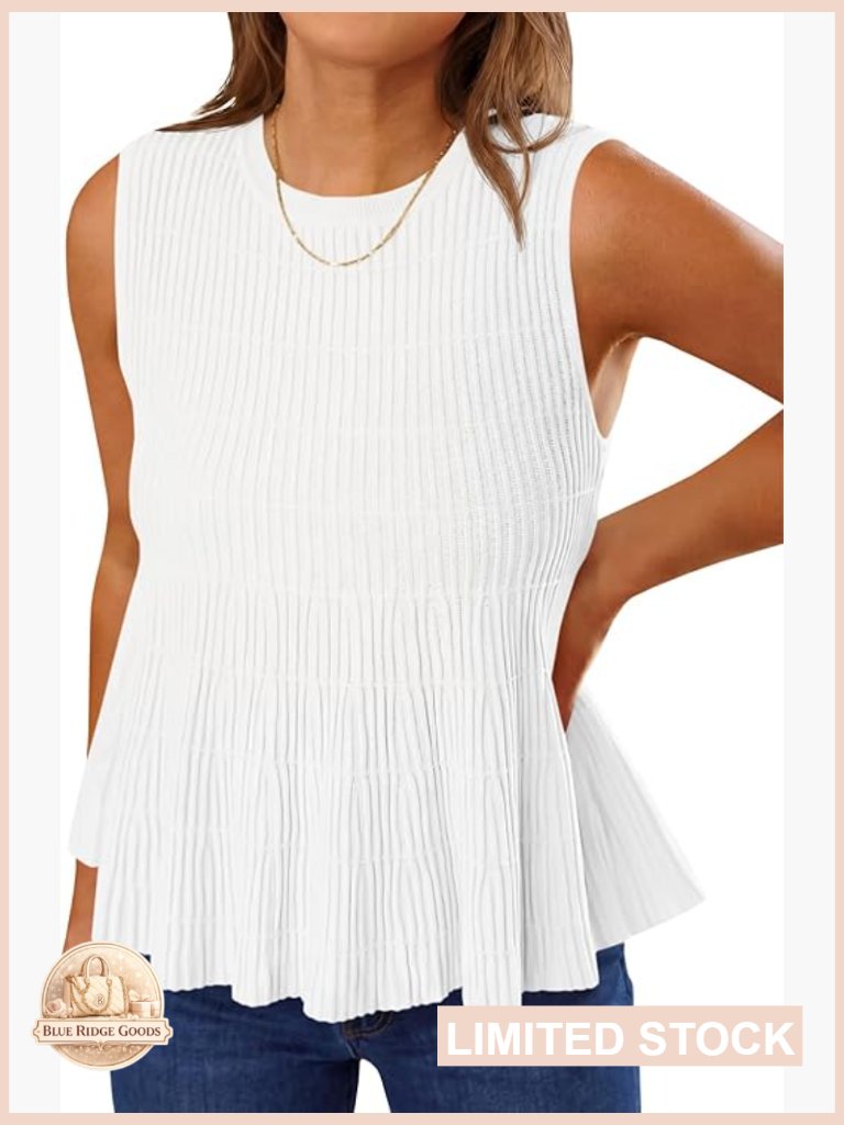 Ribbed Peplum Tank Top Sleeveless Knit Ruffle Crew Neck Summer Sweater Vest